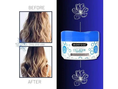 Morfose Haarmaske 500 ml for nourishing and repairing dry, damaged hair, shown with before and after results.
