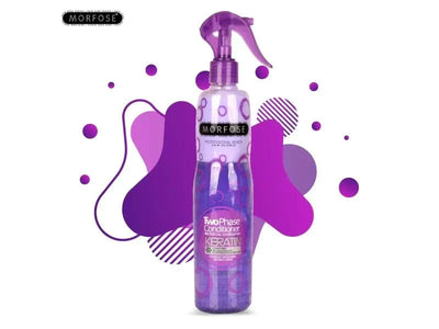 Morfose 2 Phase Conditioner Spray 400ml bottle with purple design in front of abstract purple shapes.