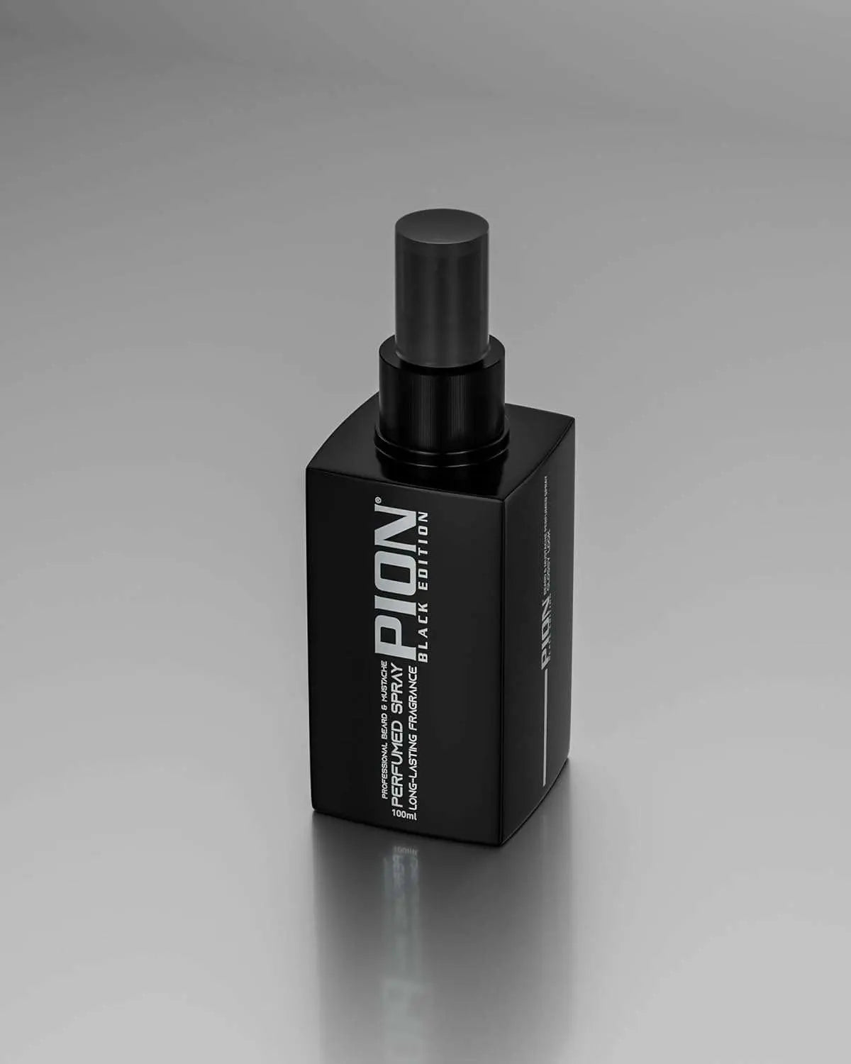 Black Edition Parfümspray for beard, 100 ml, stylish black bottle on a grey background.