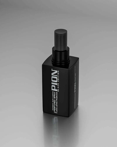 Black Edition Parfümspray for beard, 100 ml, stylish black bottle on a grey background.