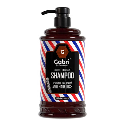 Gabri Anti Hairloss Shampoo 1000ml bottle with barber shop design, promotes hair strength and shine.