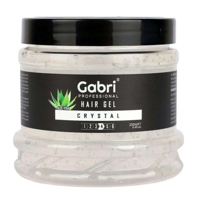 250ml jar of Gabri Professional Hair Gel, offering strong hold, high gloss, anti-frizz protection, and suitable for all hair types.