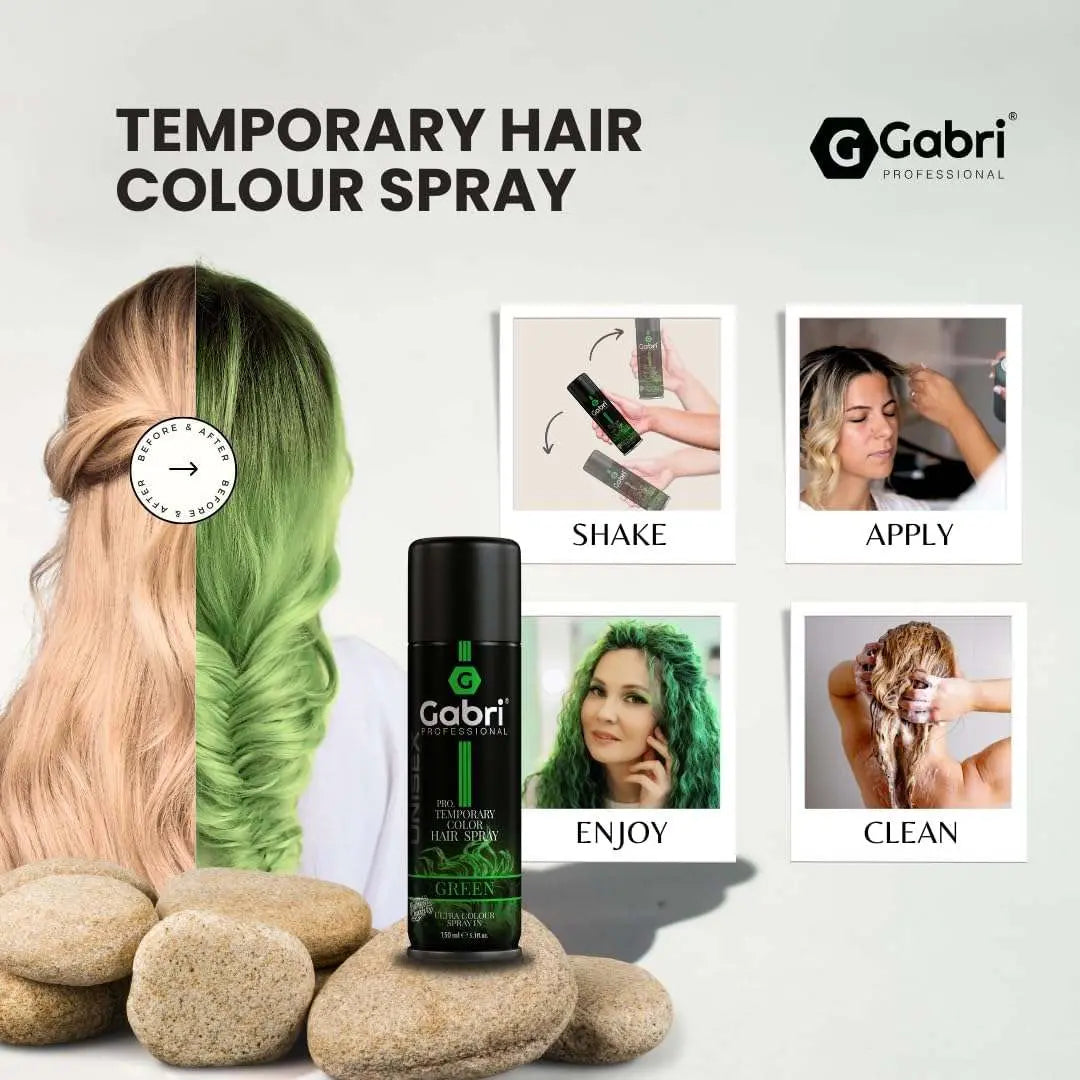 Gabri Color Hair Spray 150ml with instant vibrant color change, easy application, and washout for creative styles.