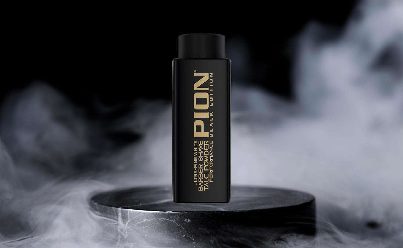 Barber Shave Talc Powder Black Edition – 180 g for a smooth shaving experience, black packaging with smoky background.