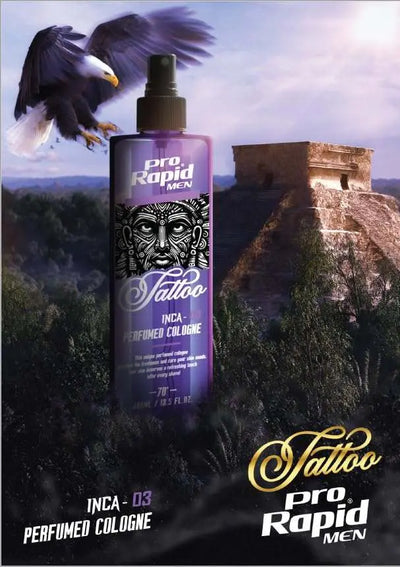 Pro Rapid Tattoo Series Inca – 03 After Shave Perfumed Cologne – 400 mDie 02 After Shave Perfumed Cologne aus der Pro Rapid Tattoo Series Inca bietet eine ideale Kombination aus klassischem Rasierwasser und pflegender Frische. Der maskHair careProrapidOnKozmetikPro Rapid Tattoo Series Inca