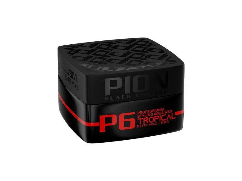 Pion Hair Styling Aqua Wax container, strong hold, glossy finish, easy washout, all hair types.