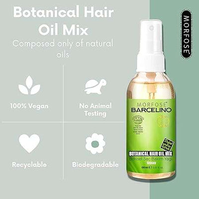 Morfose Barcelino Hair Care Oil - 150 ml bottle with botanical ingredients, vegan, no animal testing, recyclable, biodegradable.