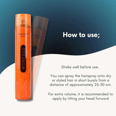 Morfose Ultra Strong Haarspray 400ml with instructions on usage.
