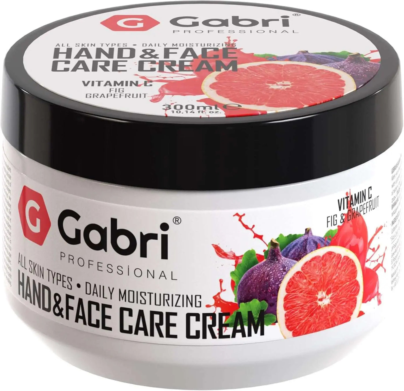 Gabri Olive Oil Hand & Face Care Cream 300ml jar with fig and grapefruit design.