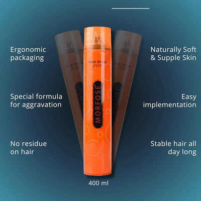 Morfose Ultra Strong Haarspray 400ml bottle on blue background with product features.
