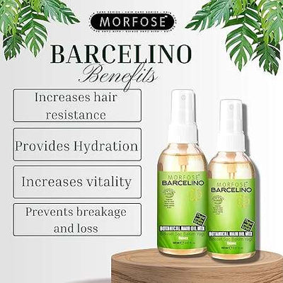 Morfose Barcelino Hair Care Oil bottles with benefits highlighted: increases hair resistance, provides hydration, increases vitality, prevents breakage and loss.