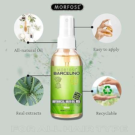 Morfose Barcelino Hair Care Oil - 150 ml bottle with easy-to-apply spray, made from all-natural oil and real extracts, featuring recyclable packaging.