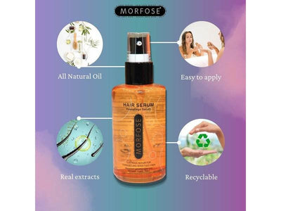 Morfose Haarserum 75ml bottle with highlights of natural oils, easy application, real extracts, and recyclable packaging on a colorful background.