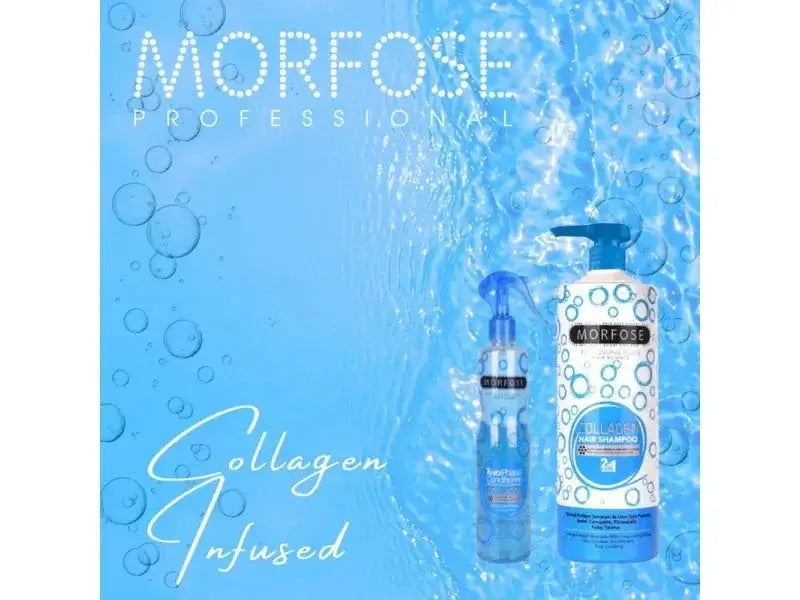 Morfose Collagen Hair Shampoo 1000ml bottle with blue background and water bubbles.