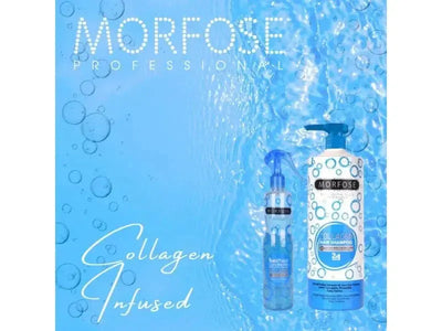 Morfose Collagen Hair Shampoo 1000ml bottle with blue background and water bubbles.