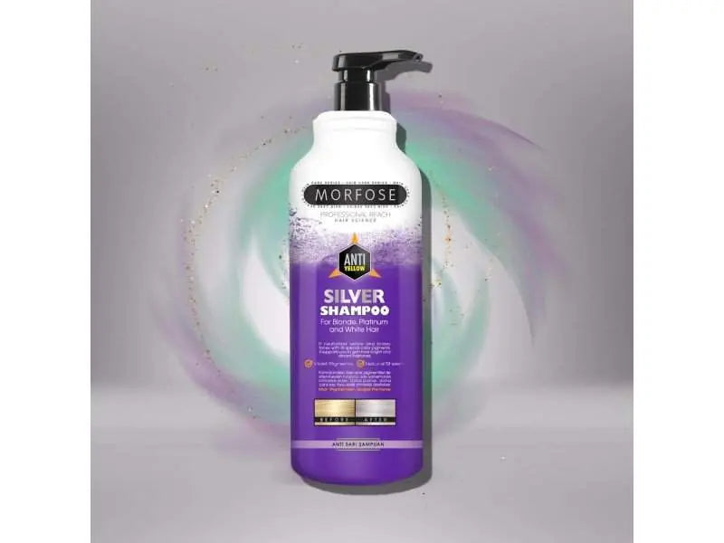 Morfose "No Yellow" Silver Shampoo bottle for blonde, gray, and lightened hair against a colorful background.