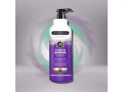 Morfose "No Yellow" Silver Shampoo bottle for blonde, gray, and lightened hair against a colorful background.