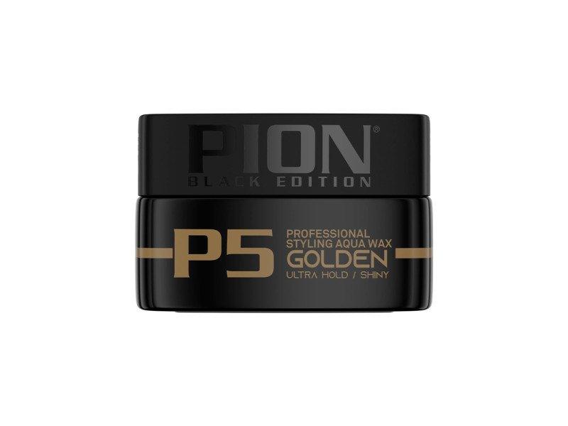Pion Hair Styling Aqua Wax in black and gold packaging offering strong hold and shiny finish.