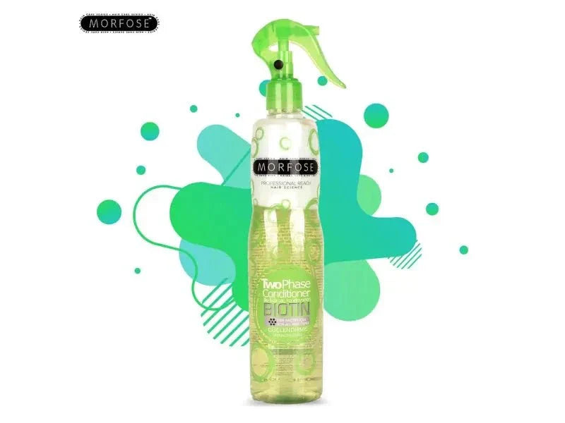 Morfose 2 Phase Conditioner Spray 400ml bottle with green design elements.