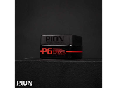 Pion Hair Styling Aqua Wax in black jar with red accents, providing strong hold and shiny finish for all hair types.