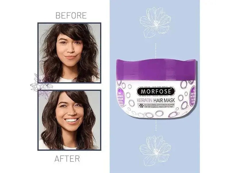Morfose Haarmaske 500 ml for nourishing dry and damaged hair, improves smoothness and shine; before and after hair transformation shown.