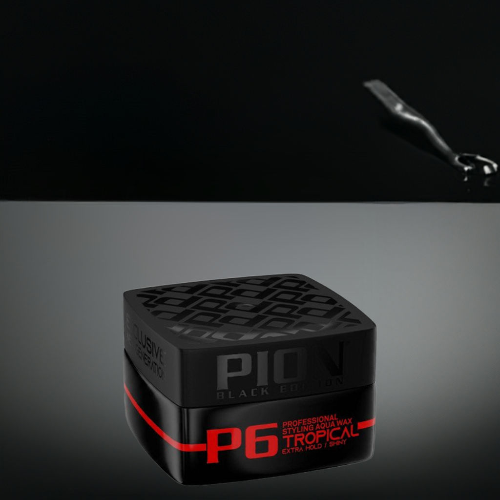 Pion Hair Styling Aqua Wax in a black container on a reflective surface, offering strong hold and glossy finish for all hair types.