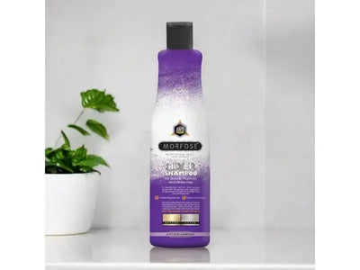 Morfose "No Yellow" Silver Shampoo for blonde, grey, and lightened hair, neutralizing yellow tones, adding silver shine.