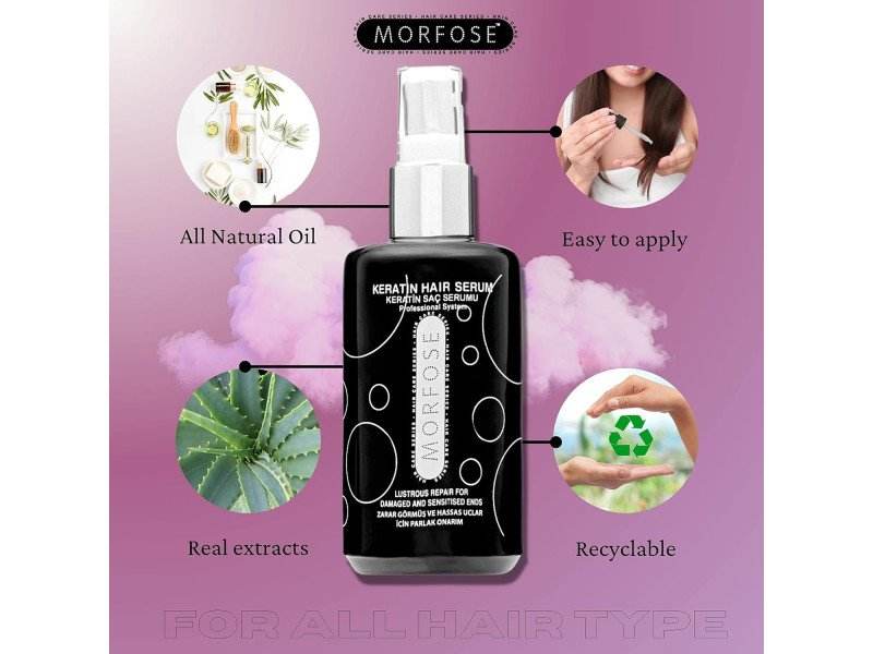 Morfose Haarserum 75ml bottle with natural oils and eco-friendly packaging, suitable for all hair types.