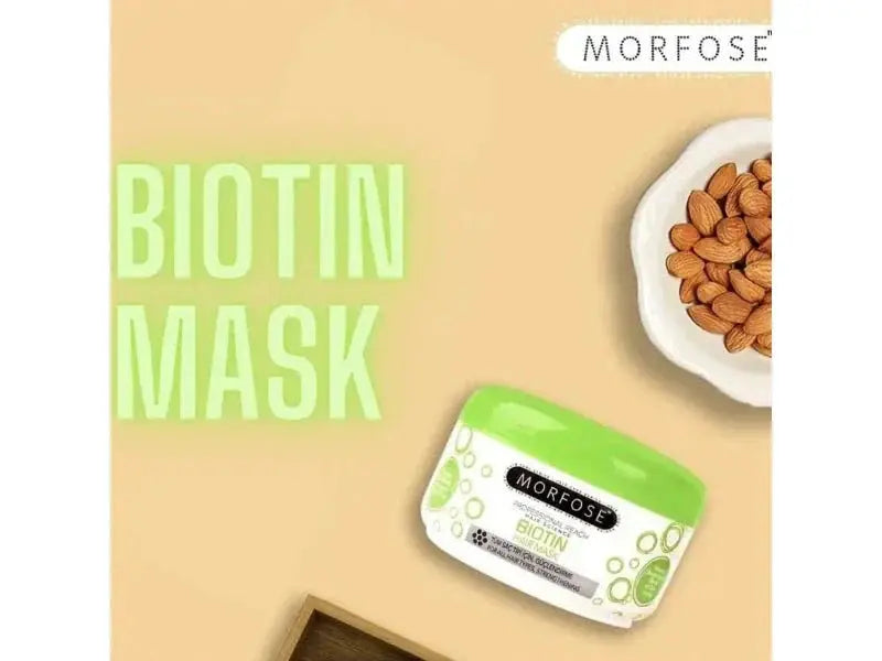 Morfose Haarmaske 500 ml for dry and damaged hair, biotin-infused, provides intense hydration and shine.