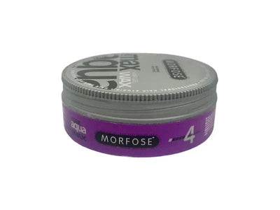Morfose Super Aqua Gel Wax 175 ml in purple tub with gray lid, offering strong hold and shiny finish.